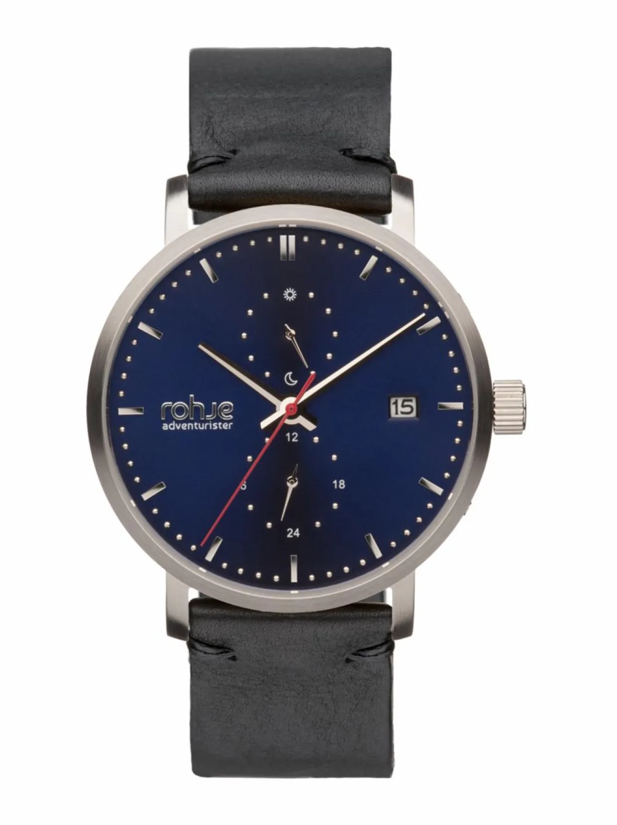 Adventurister Blue-rannekello, musta poronnahkaranneke